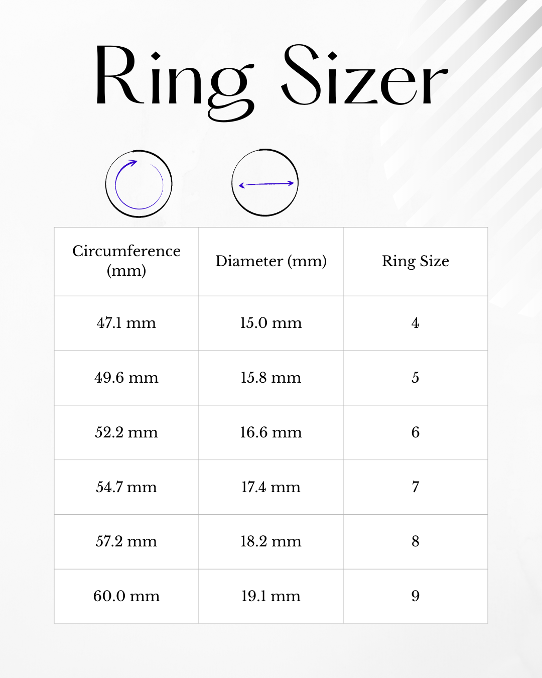 Ring sizer chart with measurements for circumference, diameter, and ring size.